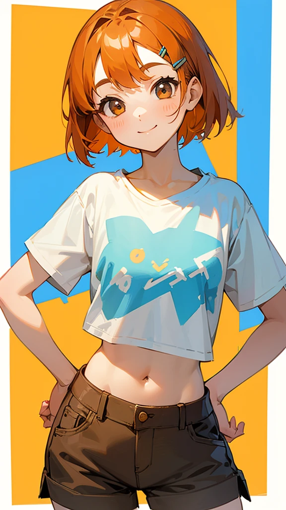 1 girl、Cowboy Shot、Simple T-shirt、Light Blue Medium Hair、Beautiful brown eyes、Orange Hair Clip、Flat Chest、smile、Please put your hands on your hips、Shorts