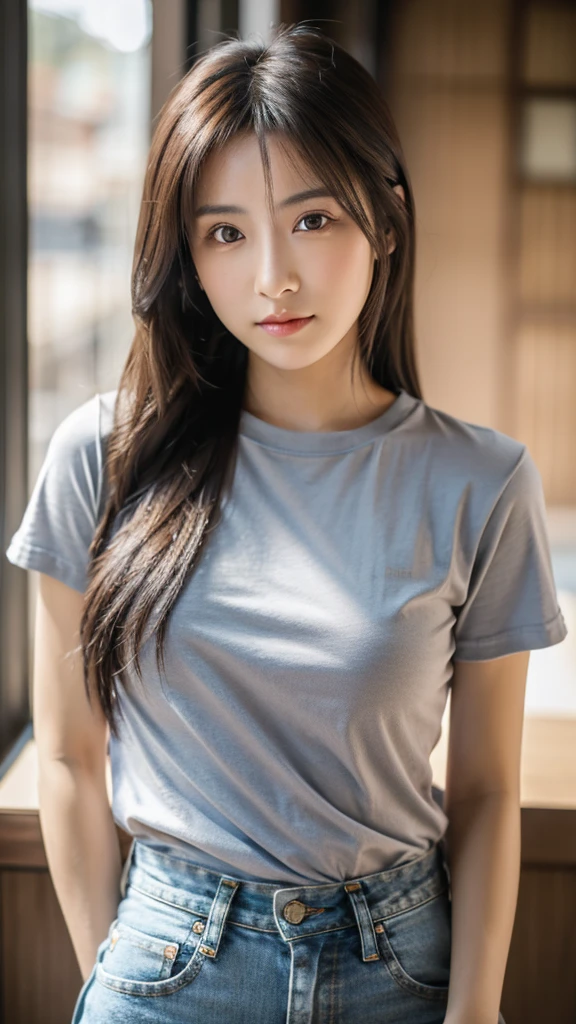 Japan Girl,beautiful girlfriend,a beauty,Raw foto,8K,morning sun lighting,Gray T-shirt and jeans miniskirt,Smooth long hair,A dark-haired,A detailed face,Detailed skin,Detailed eyes,(Slim body:1.3), girl in,About 23 years old,