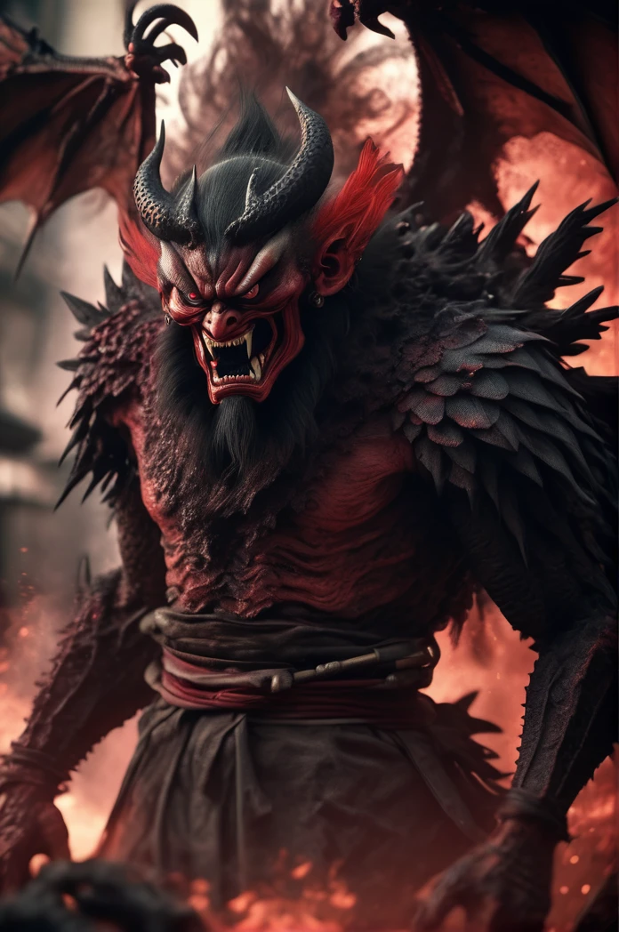 Horror-themed movie stills,Scary red-skinned male Tengu, (Full body portrait:1.3), (Detailed monstrous evil face:1.4), shout, Large, bat-like wings, (Detailed scaly skin texture:1.2), Long curved corner, (In hell, Swirling Souls of Anguish, Rising Smoke:1.5), Black Spiky Armor,, Shallow depth of field, Vignette, Very detailed, High budget, Bokeh, CinemaScope, Sulky, amazing, nice, Film Grain, granular . Creepy, Anxious, dark, Creepyな, Suspenseful, strict, Very detailed