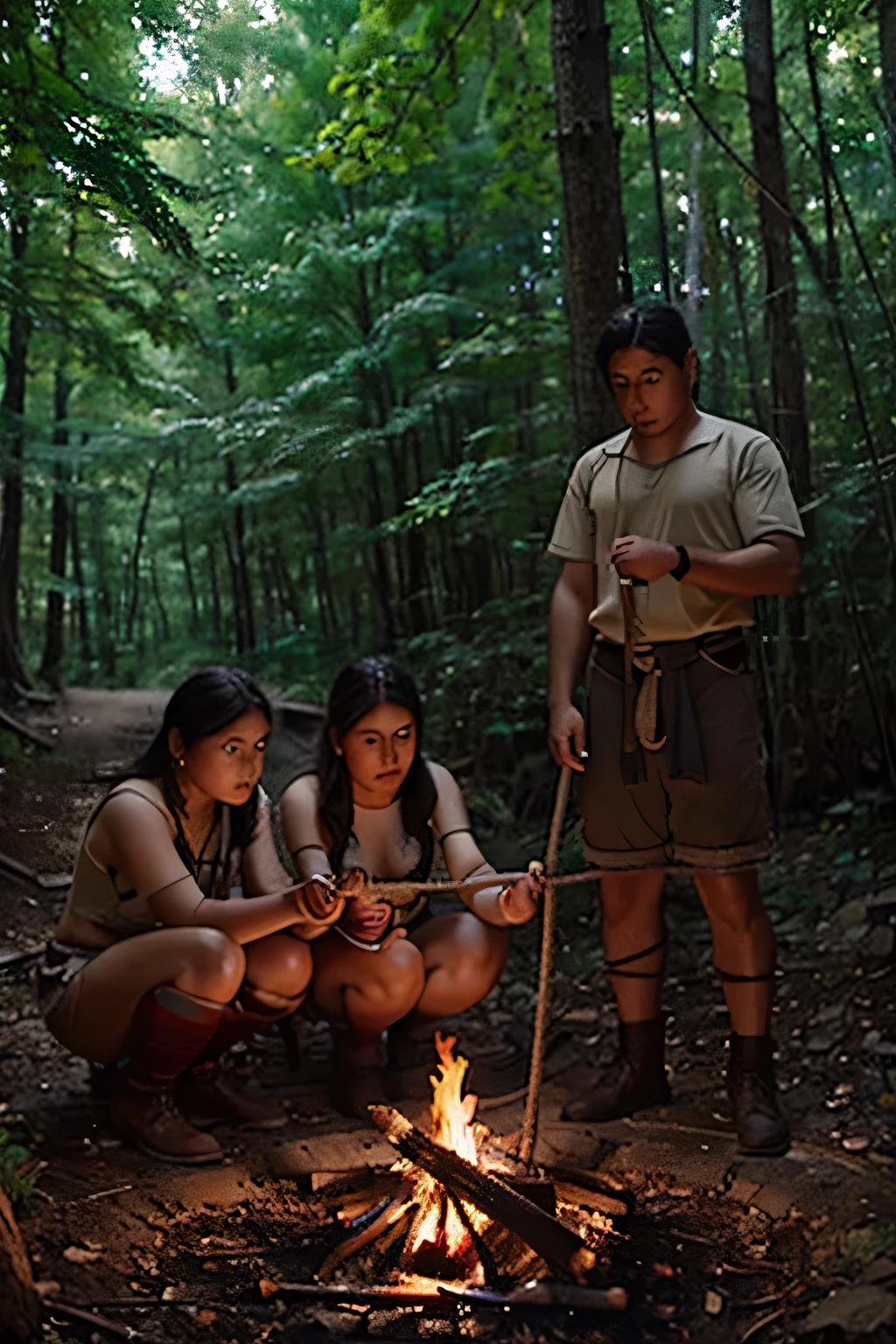 Mexican family abducted by barbarians in the woods with their hands, tied by rope next to a campfire  cosplay

