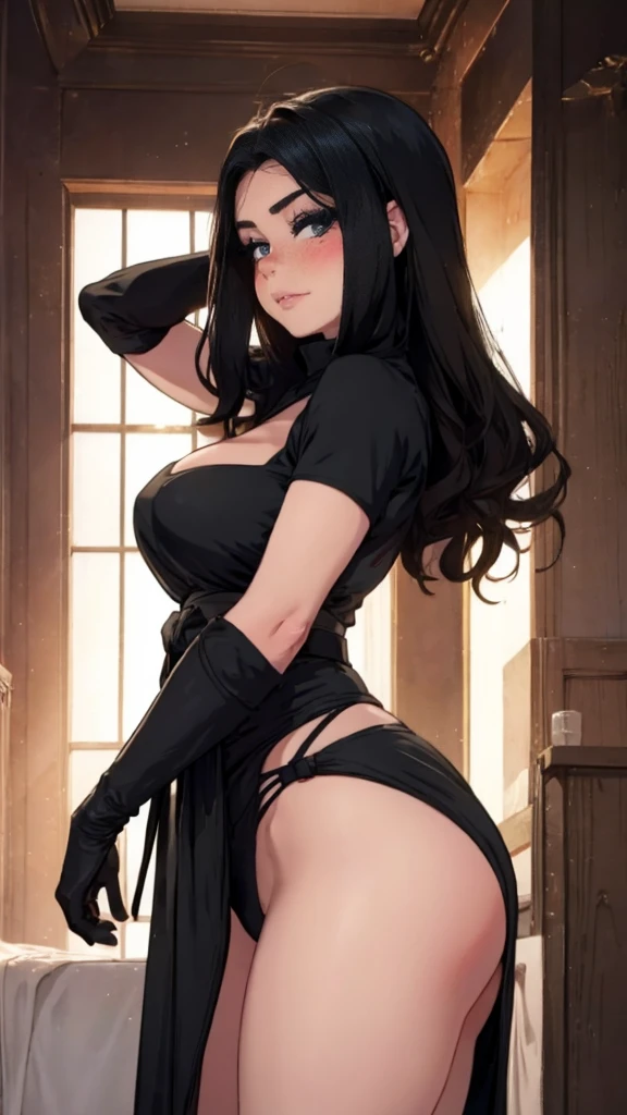 a beautiful woman, detailed eyes, Messy dark hair, during, He is wearing a full black ninja uniform., white greek palace, dia perferco, beautiful lighting, front view, blush, Posing, perfect hands, good anatomy, curvy, she has a katana,