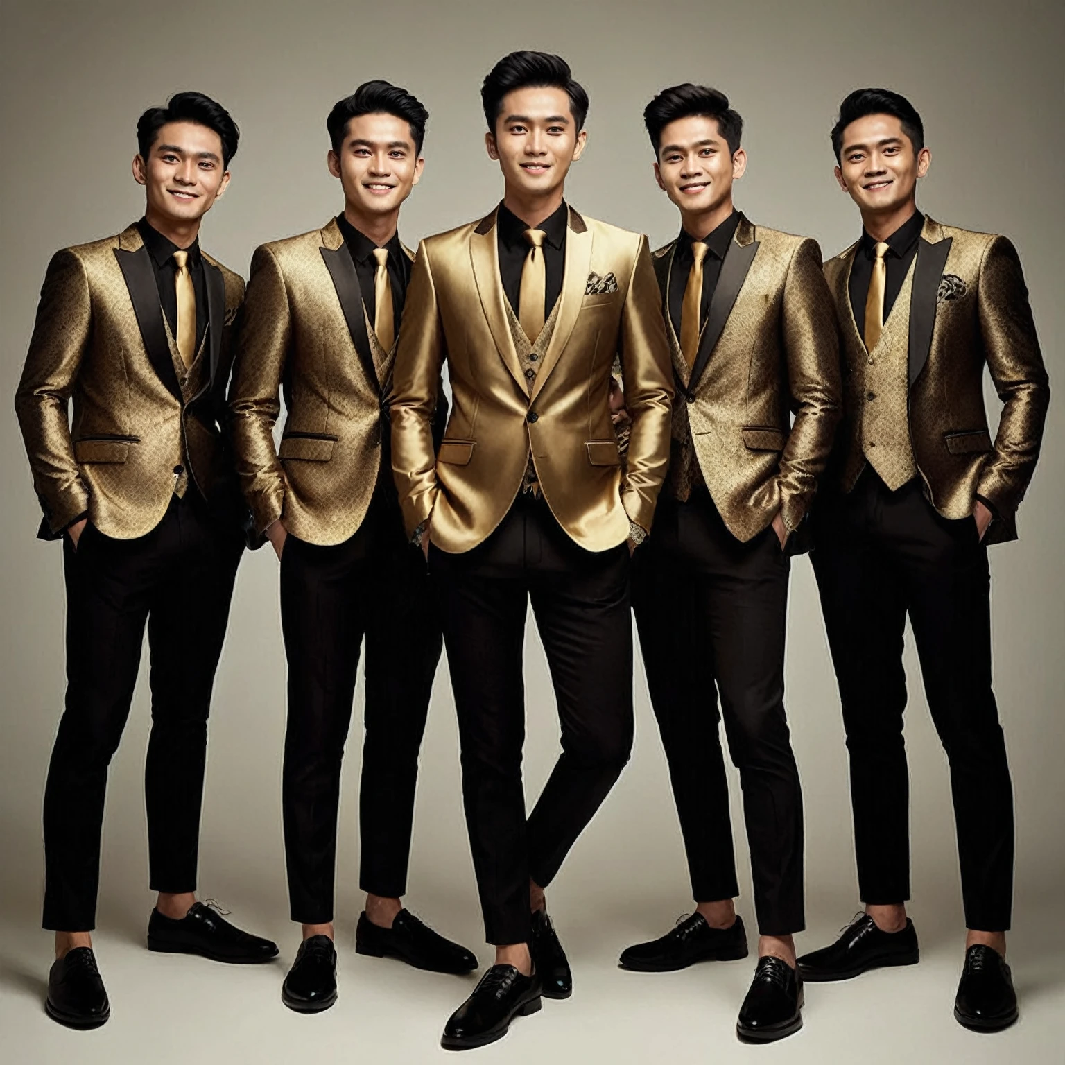 group photography of five Indonesian men wearing matching clothes; gold suit, ties, black trousers, black shoes, standing next to each other, confident style, posing for a photo shoot, gaze at the camera, they are smilling, bright lighting, photorealistic, intricate details, sharp focus, UHD 8K, high quality photos.