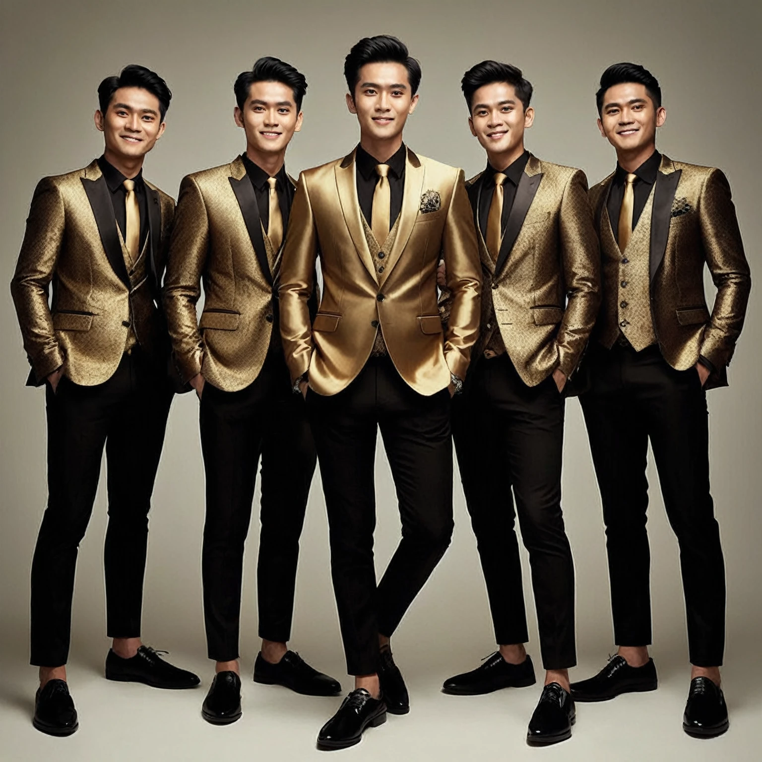 group photography of five Indonesian men wearing matching clothes; gold suit, ties, black trousers, black shoes, standing next to each other, confident style, posing for a photo shoot, gaze at the camera, they are smilling, bright lighting, photorealistic, intricate details, sharp focus, UHD 8K, high quality photos.