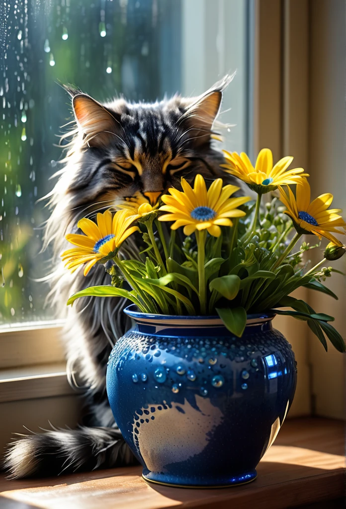 Intricate details, detailed, realism, a close up floral of blue Daisy bouquet on pot under large window. combination blue mix yellow color. There is a cute fatty Cat((Mainecoon)) sleeping near a Pot/ vase. The first rays of sunlight in the morning,Dew drops on flowers on the vas,(sunrise,Halo),Beautiful picture,HD Wallpapers,Natural light, dramatic, Source reality, additionally letter "MneverMore" visible at there