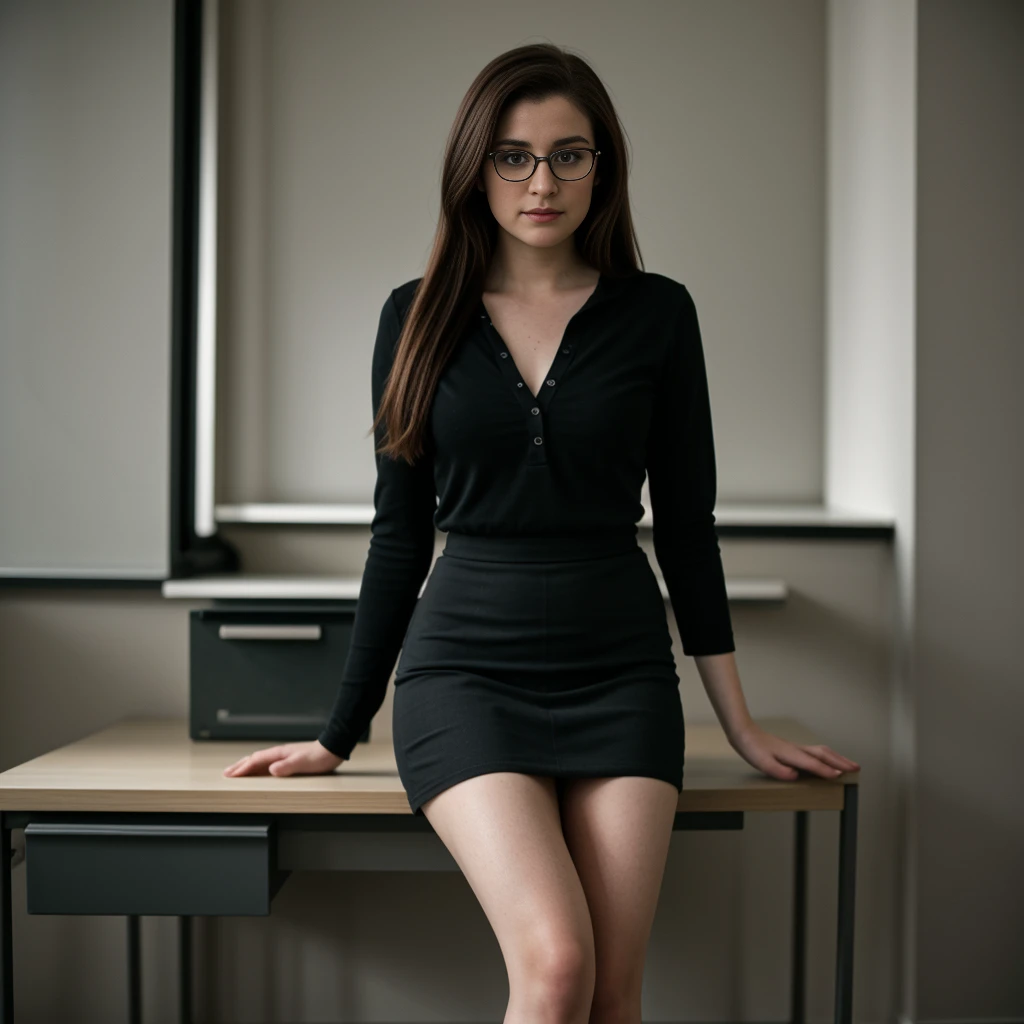 meghan trainor, ((innocent girl next-door)), secretary outfit, dark brunette hair, pencil skirt, sitting on desk, 15 years old, upskirt, hair in tight braid, round glasses, sensual, shy, film grain, raw photo, masterpiece, photorealistic, high definition, tall socks, stalkings, flat chest,