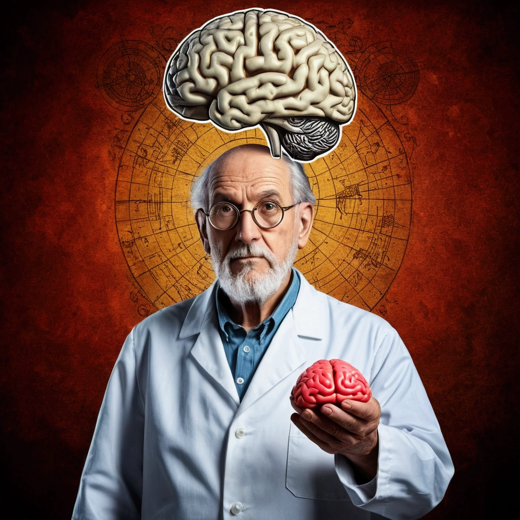 Old scientist with brain in hand, antique wall background