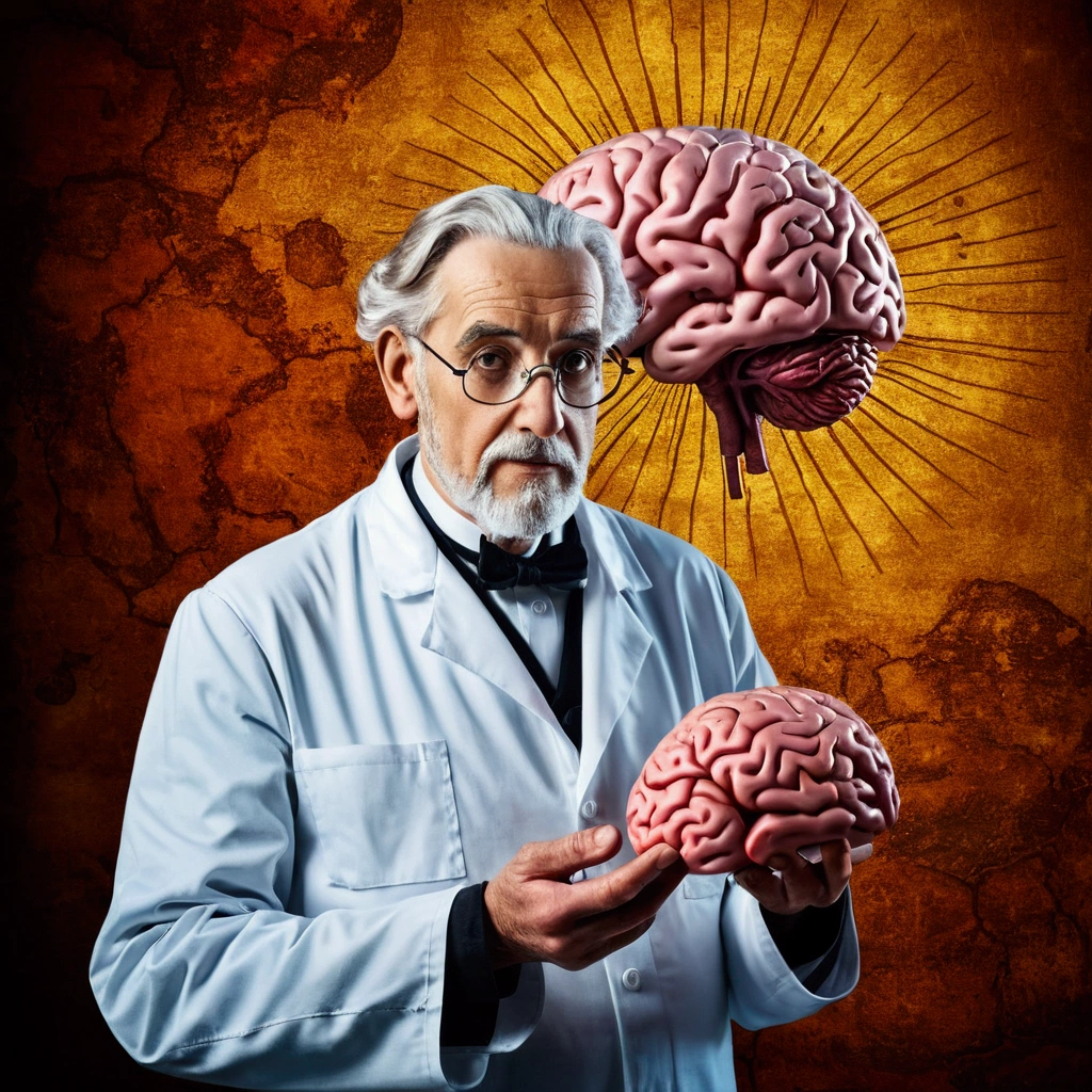 Old scientist with brain in hand, antique wall background