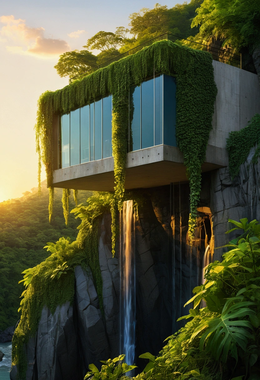 concrete structure on a rocky cliff above a flowing jungle river, with vibrant green vines draping down, under a warm golden sunset, reflecting Alex Katz's simplicity and Iwona Lifsches' detailed textures, high detail, cold blue neon color scheme, splitlight effect, profesional photography, hard shadows, high contrast