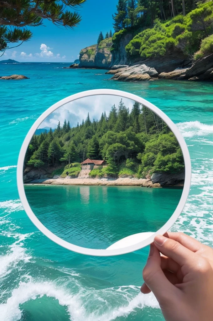 I want to generate a picture to use for a tattoo.、Is it possible to generate a circular image with the sea and trees as the motif??