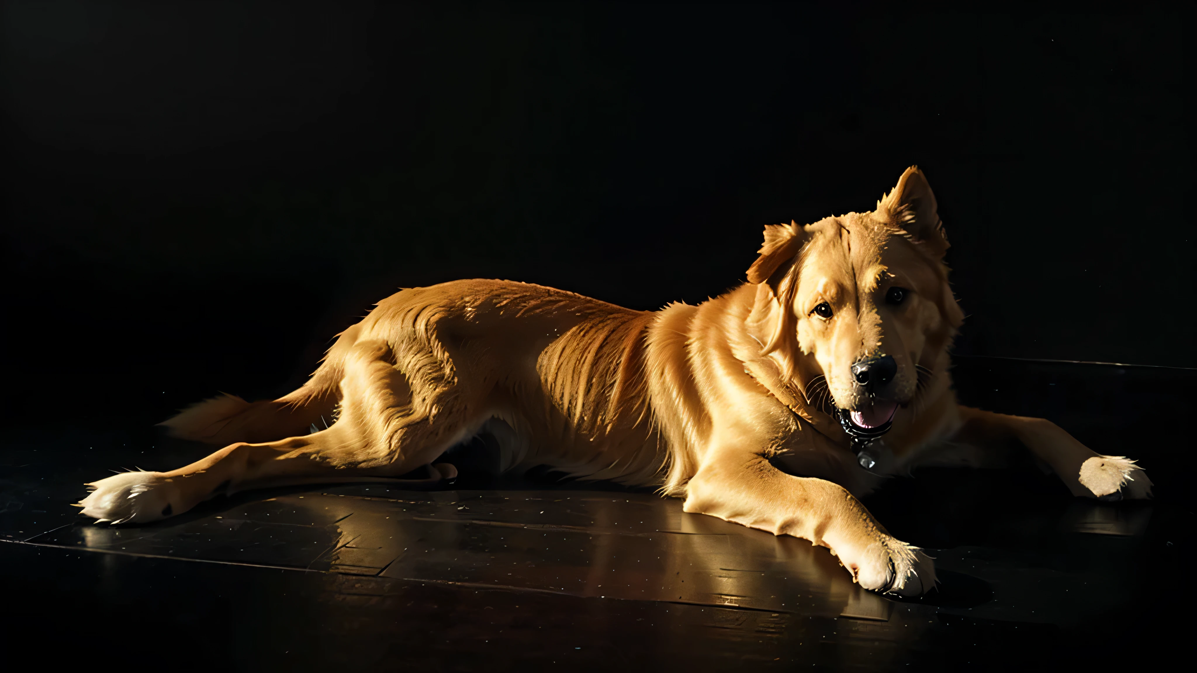 a golden retriever is lying on the floor and waving tail slowly in a black background