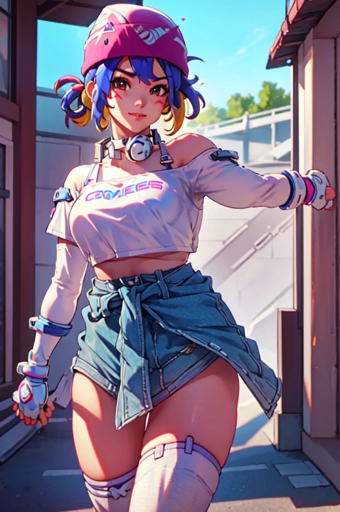 ((masterpiece, best quality)), 1girl, solo, Kiriko LeSserafim, upper body, short hair, brown eyes, multicolored hair, blue hair, yellow highlights, bangs, pink headwear, hair between eyes, (white off-shoulder shirt:1.5), ((gloves:1.5)), pointing to her face, fingerless gloves, hoop earrings, (white shirt:1.5), headphones around neck, thighhigh, white gloves, lace-up boots, boots, gloves, jacket around waist, thighhighs, breasts, headphones, standing, jewelry, bracelet, midriff, white crop top, cross-laced footwear single kneehigh, smile, earrings, jewelry, hat, looking at viewer, makeup, facepaint, facial mark, detached sleeves, lips, indoors, japanese house, hands on her face, portrait,  