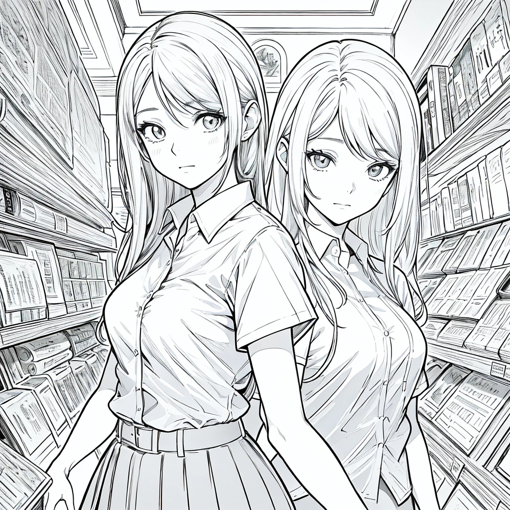 1woman, woman, 19 years old, student, detailed eyes, quality eyes, Wear a shirt, Short sleeve, (Untucked shirt:1), (masterpiece:1.2), ((最high quality)), Untucked shirt, Wearing a long pencil skirt, whole body, anime Line art, Line art, manga, Monochrome, high quality, detailed