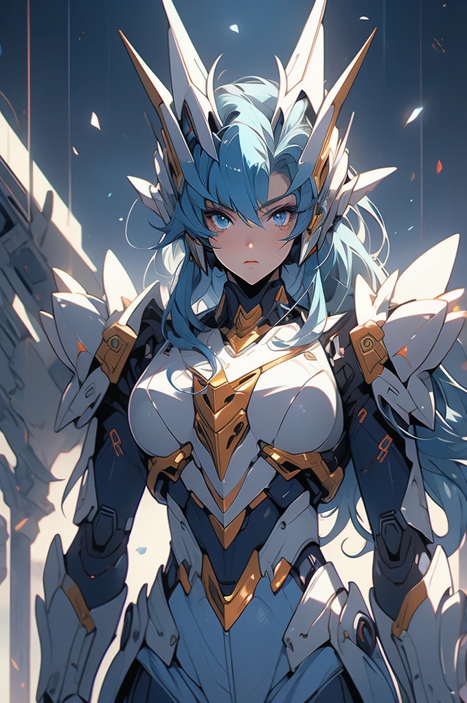 hoshi, gundam girl, jumpsuit, futuristic armor, sinuous, blue hair, glowing eyes