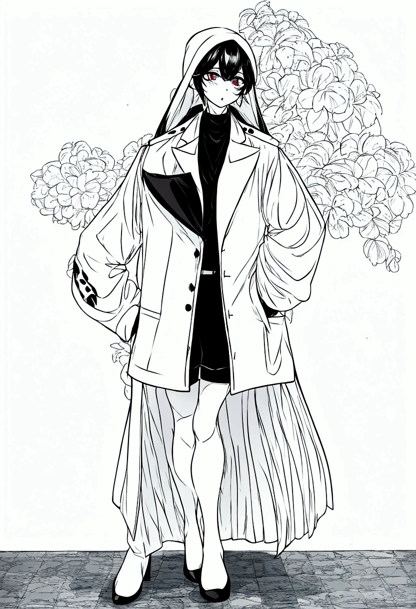 White coat，Black shorts，White shirt