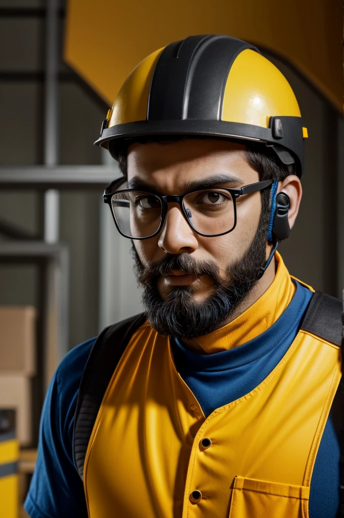 Electrical engineer man, short black hair with a yellow helmet on his head, black eyes with glasses on his face half a beard, with blue shirt, He is wearing an orange vest cartoon