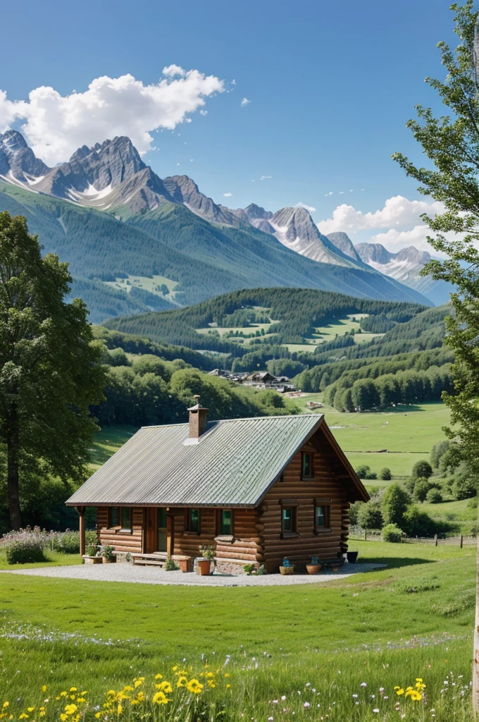 A picturesque homestead nestled in the green fields of the Alpine mountains, with a quaint wooden cabin and a lush, vibrant landscape.