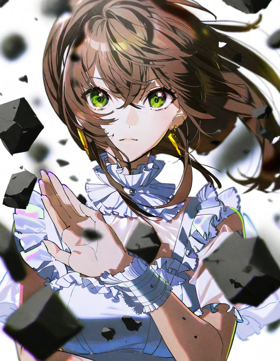 1girl, hand up, upper body, debris, 独奏, long hair, looking at viewer, see-through, hair between eyes, green eyes, brown hair, floating hair, bangs, closed mouth, wrist cuffs, short sleeves, earrings, jewelry, frills, blurry, chromatic aberration, white background, amazing quality, detailed, Single ponytail