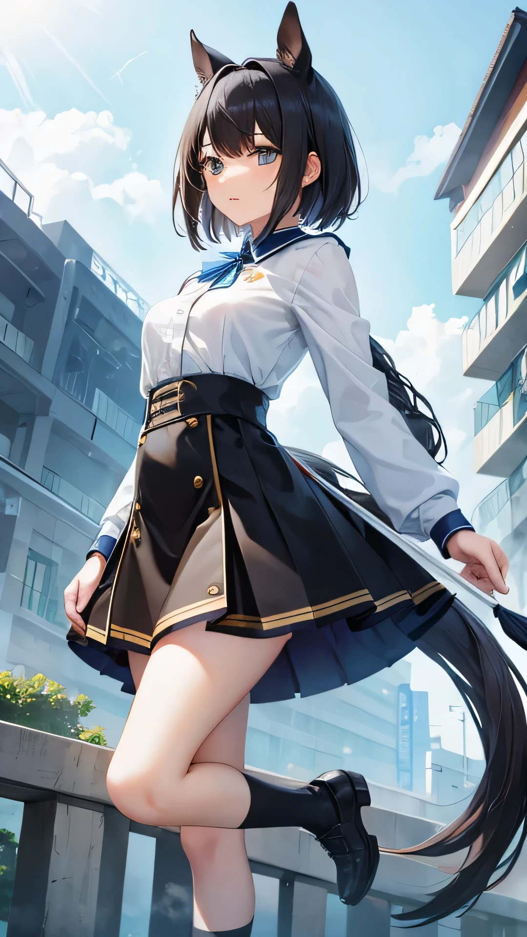 Full Body Focus,Deep Impact personified,The air of a king,Horse-eared beauty,Horse tail,Horse Girl,Based on black, yellow and blue、Clothing with a lightning motif,Highest quality,Sharp focus,Short hair with bangs
