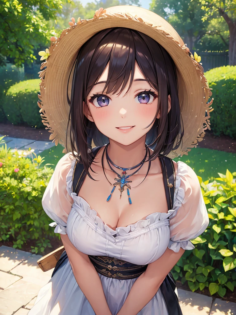 (masterpiece:1.5),(Beat quality),(high res),1girl solo,beautiful face,smile(shining eyes),upper body,light effects,summer clothes women,garden
