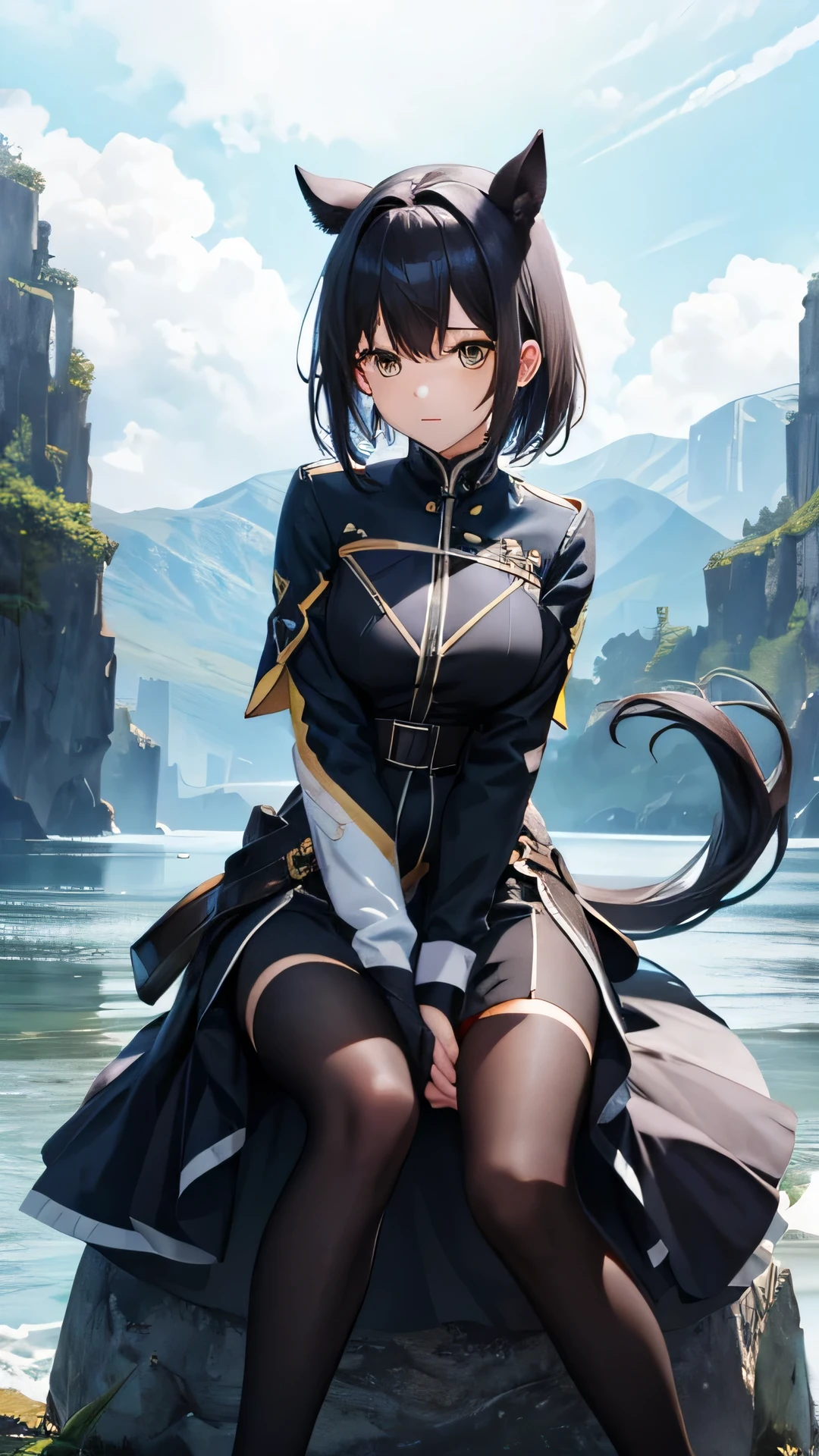 Full Body Focus,Deep Impact personified,The air of a king,Horse-eared beauty,Horse tail,Horse Girl,Based on black, yellow and blue、Clothing with a lightning motif,Highest quality,Sharp focus,Short hair with bangs