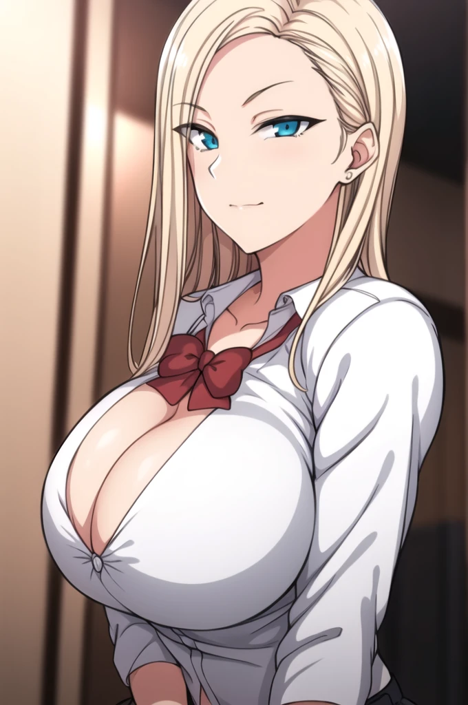 Simple White Background,
 white_collared_shirt,skirt,collarbone,red_bowtie,
blonde_hair, blue_eyes,long_hair,parted_bangs, cleavage, wide hips, huge breasts, huge ass,
1 girl, 20yo,Young female,Beautiful Finger,Beautiful long legs,Beautiful body,
Beautiful Nose,Beautiful character design, perfect eyes, perfect face,expressive eyes,perfect balance,
looking at viewer,(Focus on her face),closed mouth, (innocent_big_eyes:1.0),(Light_Smile:0.3),
official art,extremely detailed CG unity 8k wallpaper, perfect lighting,Colorful, Bright_Front_face_Lighting,White skin,
(masterpiece:1.0),(best_quality:1.0), ultra high res,4K,ultra-detailed,
photography, 8K, HDR, highres, absurdres:1.2, Kodak portra 400, film grain, blurry background, bokeh:1.2, lens flare, (vibrant_color:1.2),professional photograph,
(Beautiful,huge_Breasts:1.4), (beautiful_face:1.5),(narrow_waist), (huge_breasts), big breasts, massive breasts,