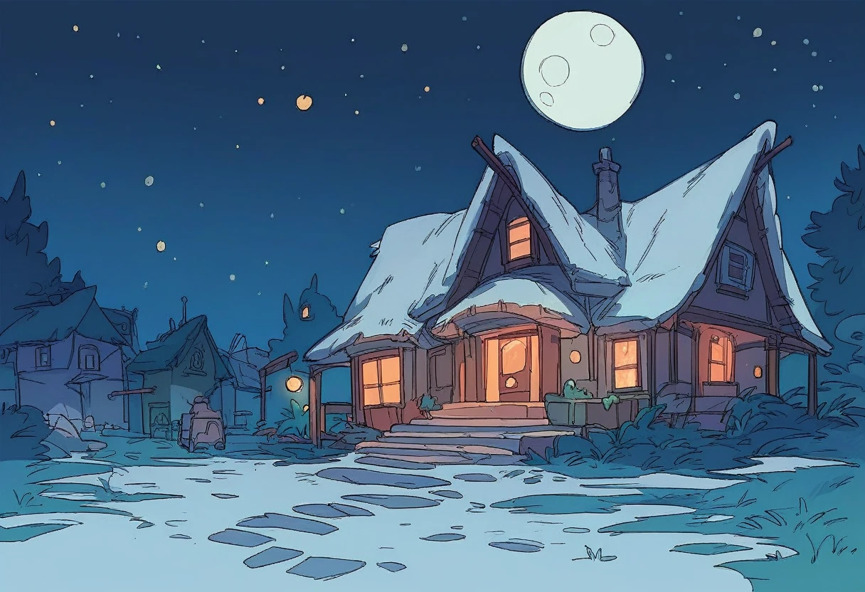 front of a house in a town neighborhood, at night, moon, stars, 