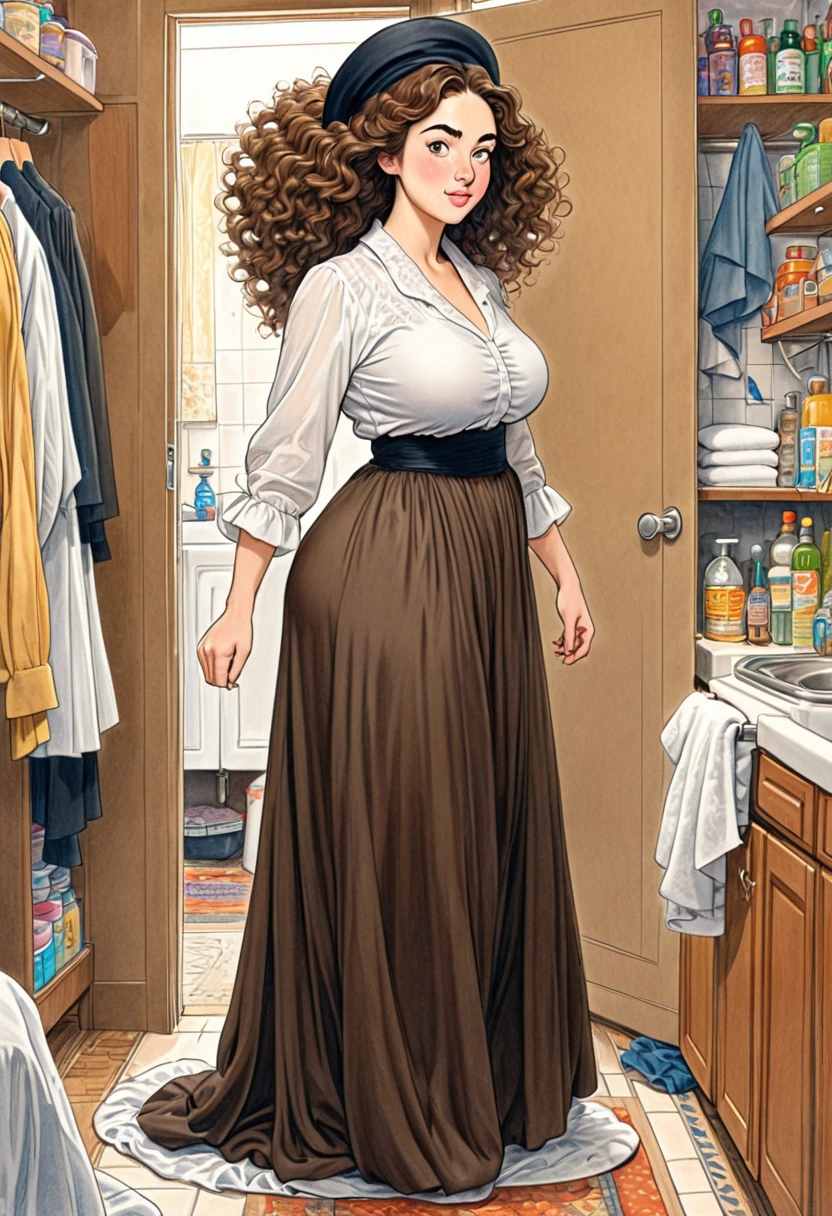 a colored pencil sketch of A beautful jewish women with a thick bushy unibrow and a large bulbous nose. Thick, intense, curly, frizzy, long brown hair. Hair that clogs a drain after one shower. Hair you find on pillows and in corners of the room and in your refrigerator six months after the head from which it grew last visited. Hair that could not be straightened even if you had four hours and three hairdressers double-fisting blow driers. Hair that screams: Jew. Traditional jewish dress, luxurious long dress、hat. curvy hourglass figure.