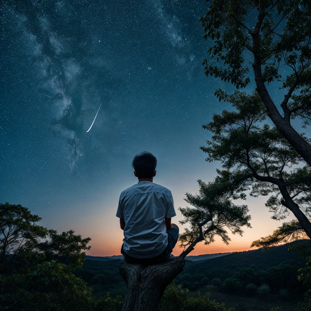 21 year younger boy sitting on tree branch alone boy in night photo from back side Stars twinkle and full moon