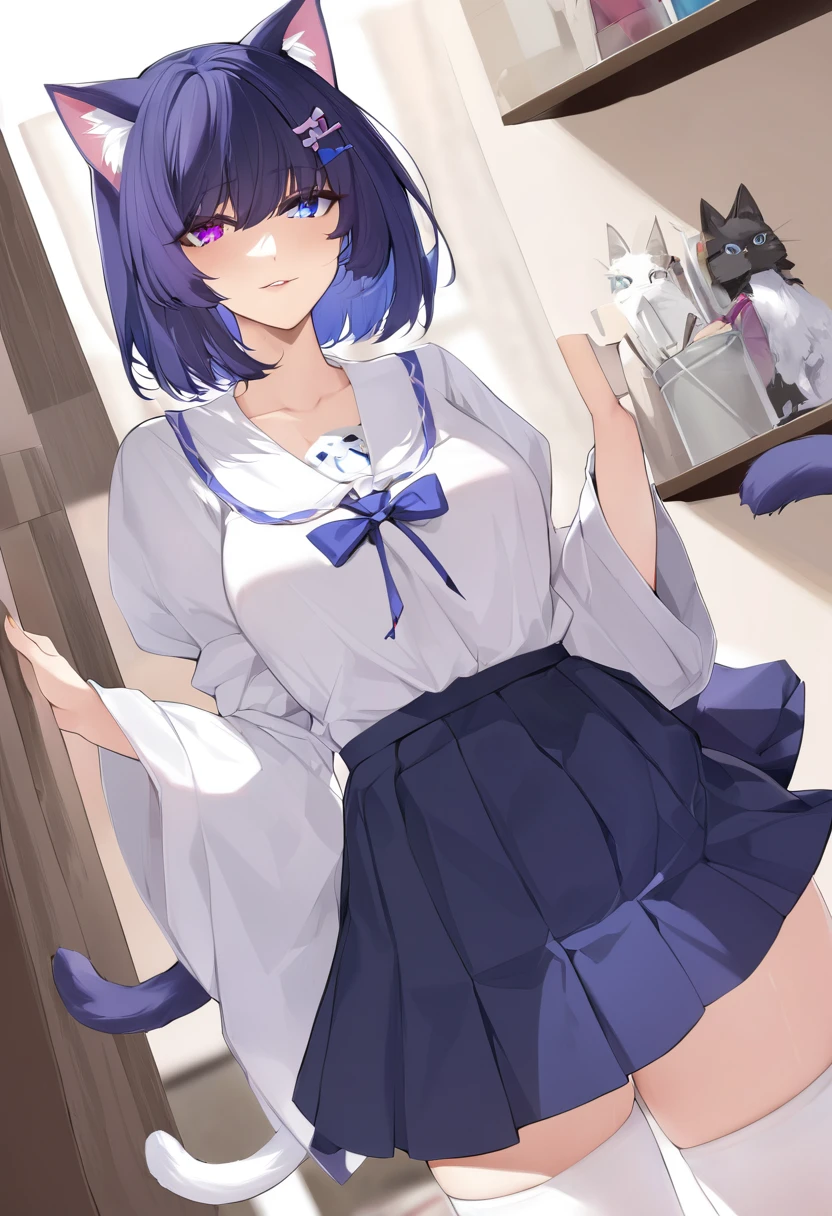 (masterpiece, best quality:1.2)((silver white hair))((heterochromia blue and violet eyes)),solo,1girl,((eyes tilted outward)), animal_ears,averting_eyes,standing_fox_ears,fluffy_fox_tail,hair_between_eyes,basic_blue_hairpin,short_hair, bob_hair, casual_clothing, puffy_sleeves, wide_sleeves, girly_clothes, pleated_skirt, cat_stocking