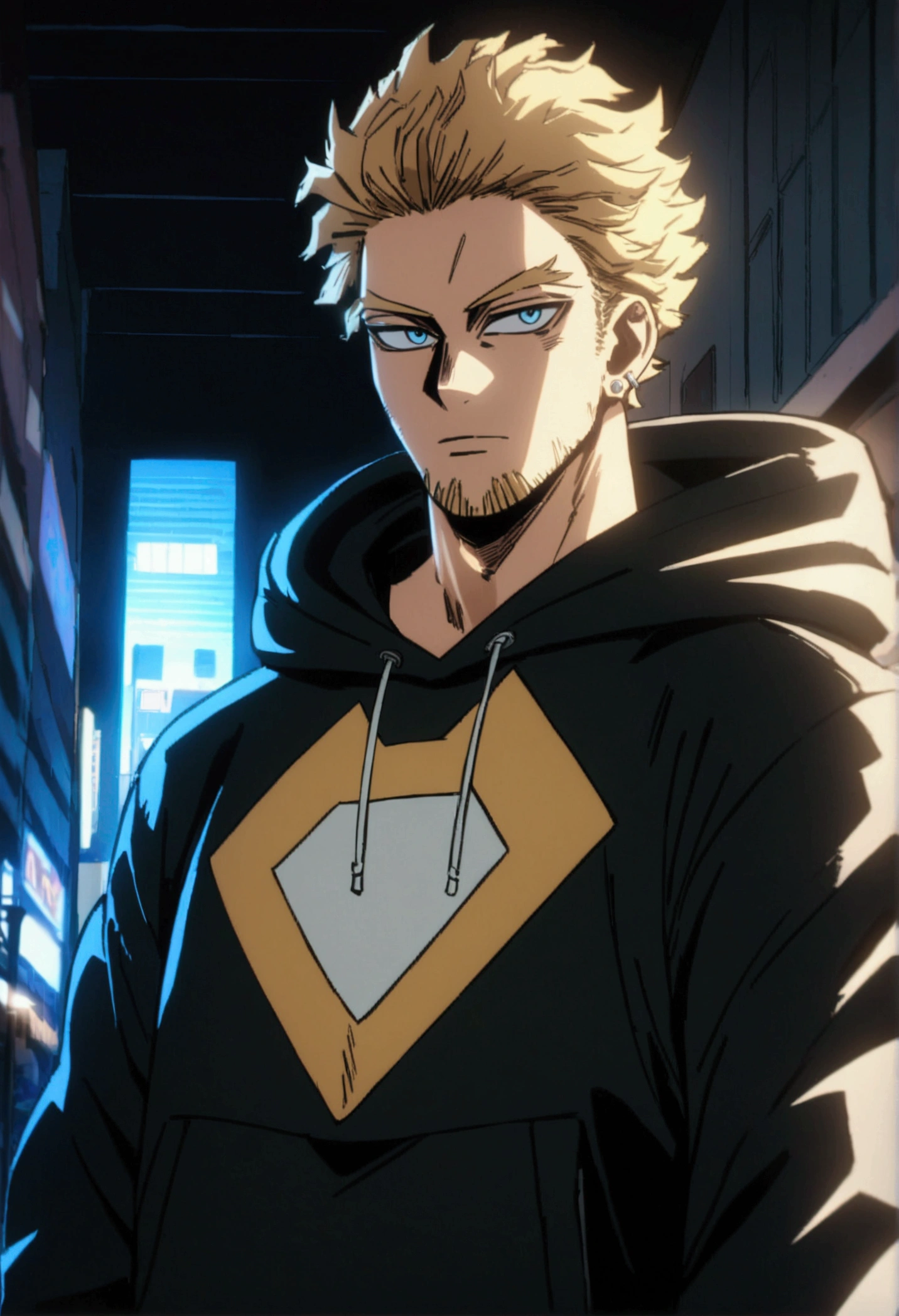  A man, blond hair, piercing blue eyes, detailed facial features, handsome, well-groomed, distinguished, confident expression, wearing a "My Hero Academia" style hoodie , urban city background, my hero academy art style, boku no hero art , 8k, high quality, masterpiece, dramatic lighting, cinematic, vivid colors