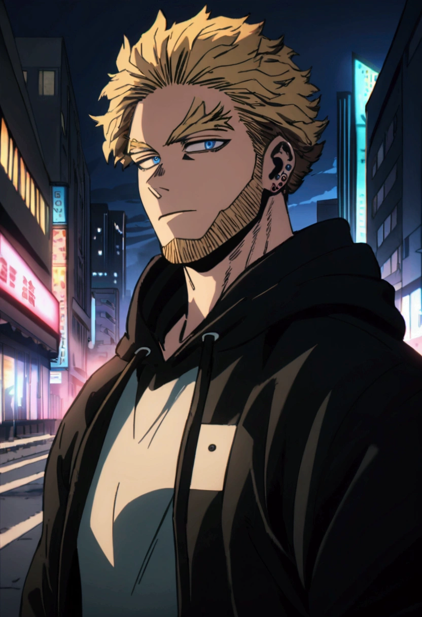  A man, blond hair, piercing blue eyes, detailed facial features, handsome, well-groomed, distinguished, confident expression, wearing a "My Hero Academia" style hoodie , urban city background, my hero academy art style, boku no hero art , 8k, high quality, masterpiece, dramatic lighting, cinematic, vivid colors