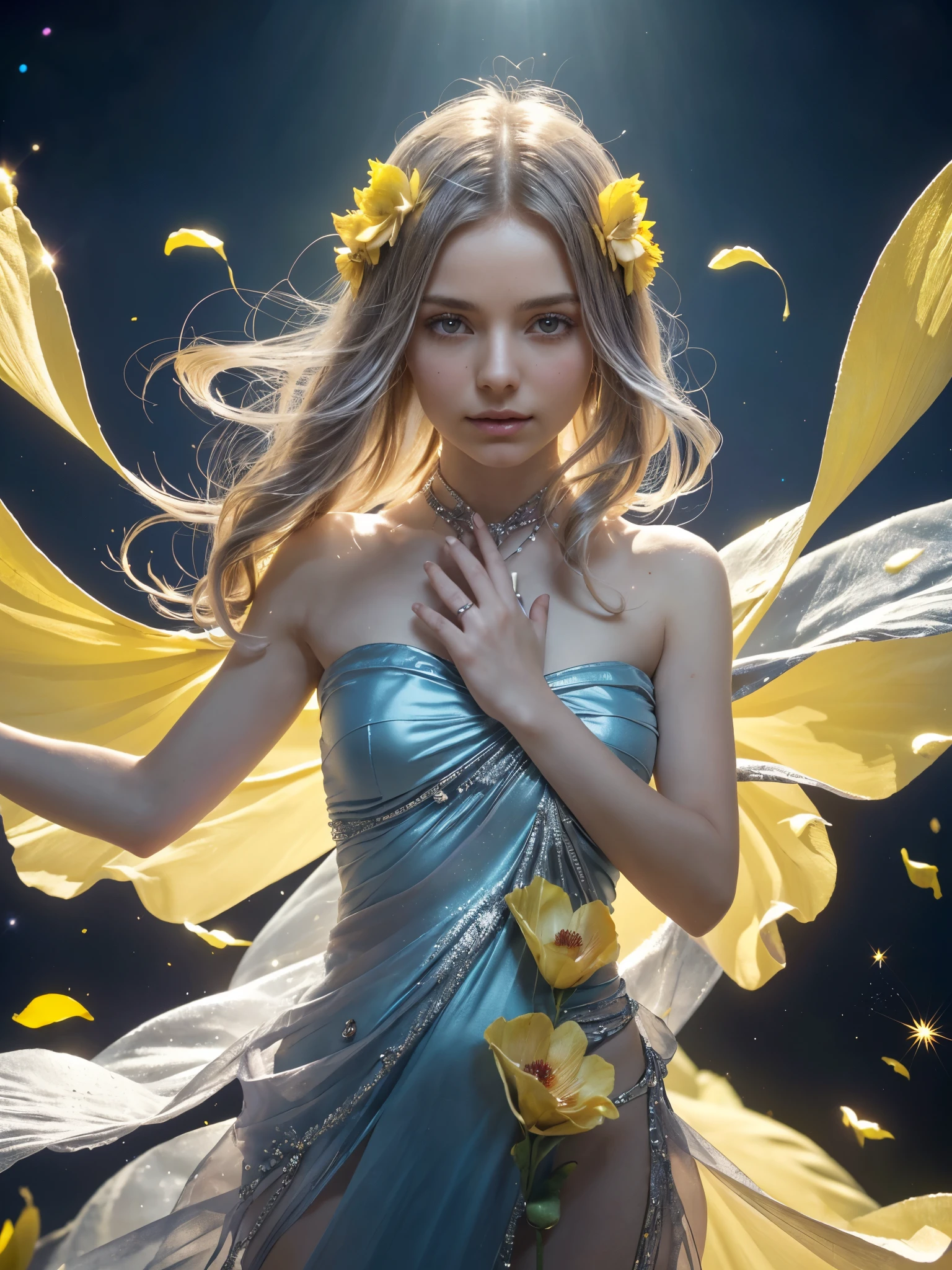 1girl, (medium wide shot:1.4), ancient artifacts, (complex petal structure:1.4), space background, (yellow and blue entanglement:1.2), crystal and silver entanglement, naked, cinematic contrast lighting, (meditation hands, hand clasp together:1.2), (looking at viewer:1.4), (open eyes, sparkling eyes:1.2),