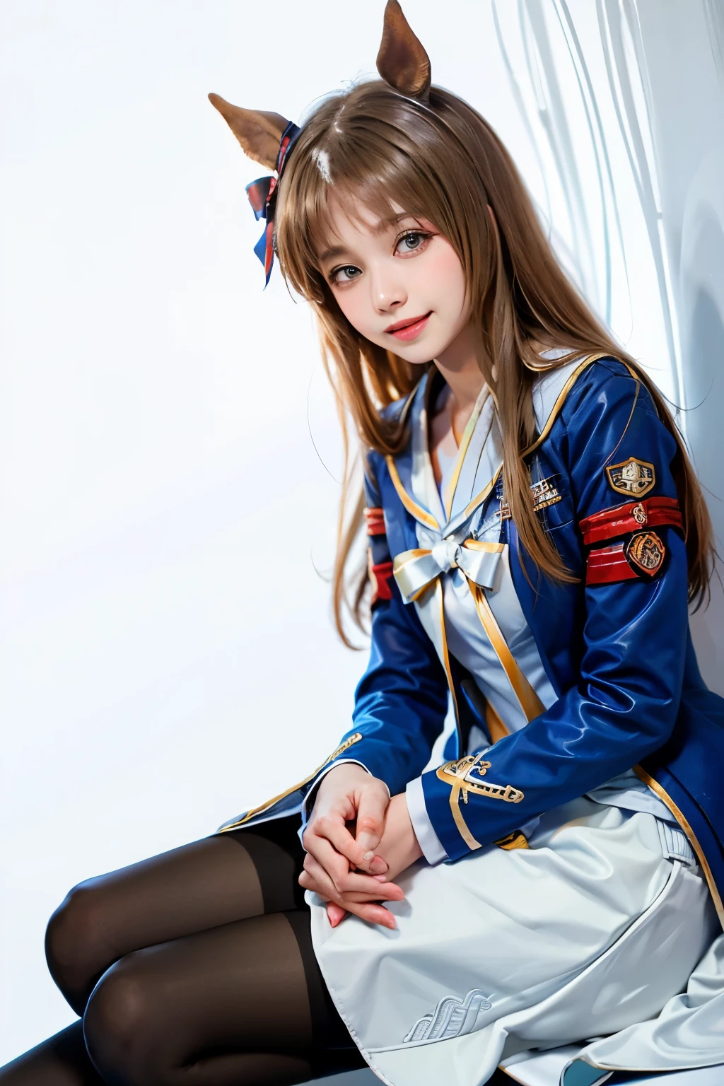 grass wonder \(Umamusume\), 1 girl, Solo, Best Quality, masterpiece, 8K, High resolution, Ultra-detailed, light smile, gentle smile, sitting on the floor, (((yokozuwari))), Blue jacket, White sailor color, Long sleeves, White skirt, black pantyhose, simple background,