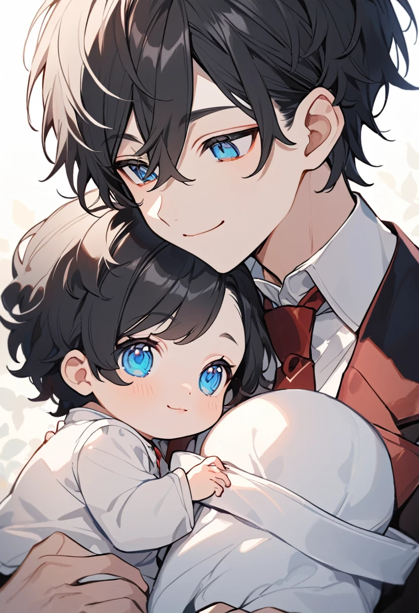 alone, elegant, 1 teenage boy with black hair and white hair, half and half, short hair, blue eyes, detailed, White chinese hanfu dress, Little baby, adorable baby, baby hanfu clothes, baby with black hair with buns, Siblings, ojos detaileds, gentle
