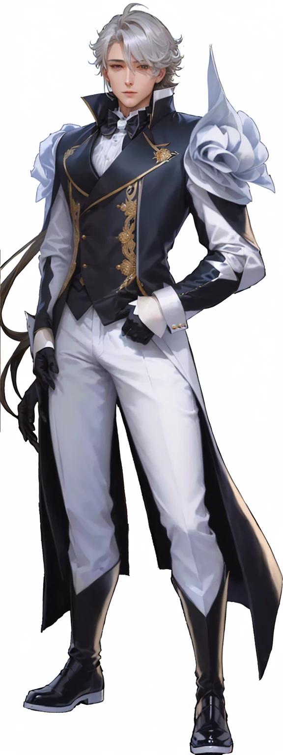 a close up of a person in a suit and a hat, silver eyes full body, in a flowing white tailcoat, official character art, delicate androgynous prince, casimir art, royal elegant pose, tuxedo, hugh detailed, edward, varia suit, charles, beautiful androgynous prince, keqing from genshin impact, lance