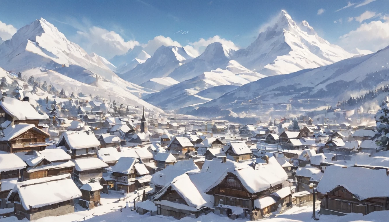 a scene of an image of a mountain village covered in snow and mountains behind, snow, letterboxed, scenery, 