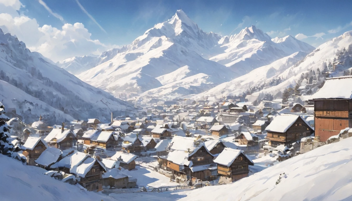 a scene of an image of a mountain village covered in snow and mountains behind, snow, letterboxed, scenery,