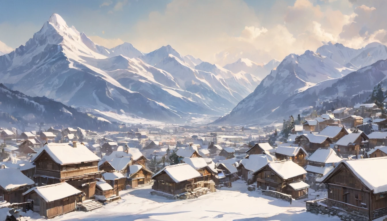 a scene of an image of a mountain village covered in snow and mountains behind, snow, letterboxed, scenery, 