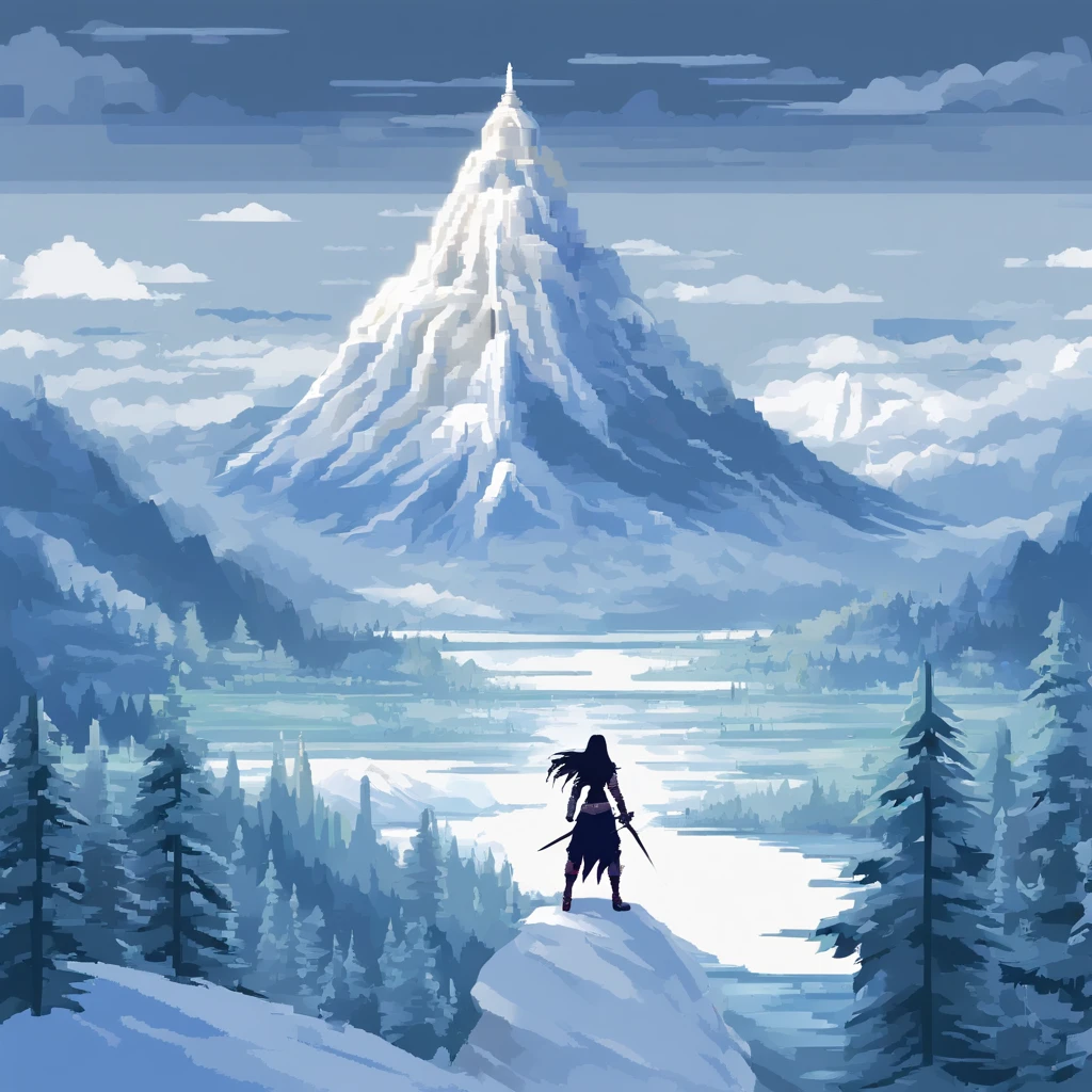 Drawing the sword from the snowy mountain., ancient style woman's sword with cold ice flame, holding the blue flame burning sword, white clothes dancing sword in the snow long flowing hair, holding a silver long sword beautiful woman, wearing jade jewelry, his face is full of confident smiles, she is suspended in the clouds like a fairy, behind it is a layer of mountains