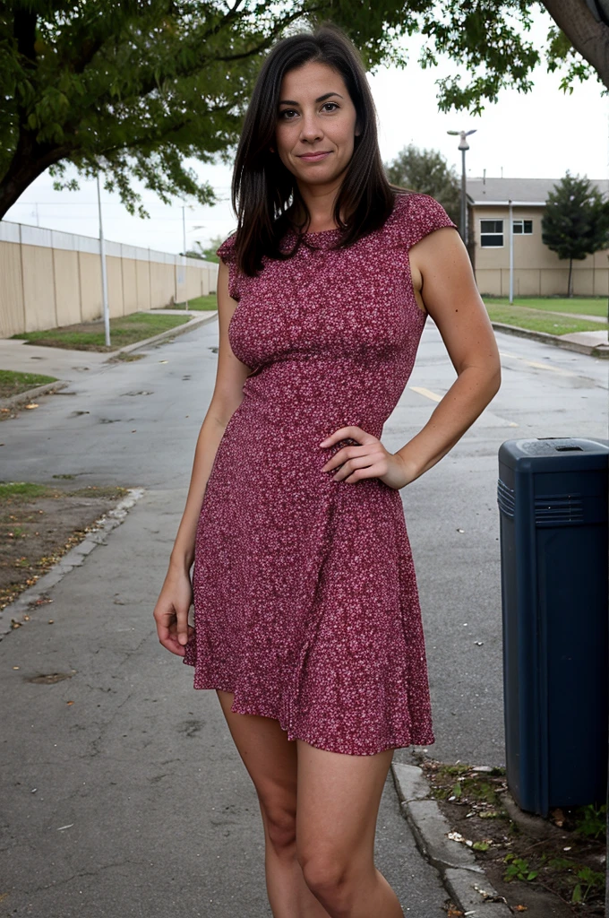 Sexy 35 year old mom,  wearing a short little dress. Standing outside a school. Sinister atmosphere.