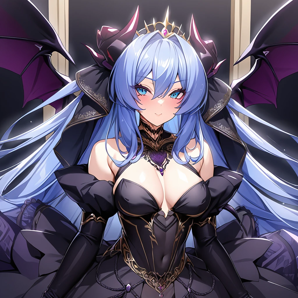 ((Highest quality)), ((masterpiece)), (detailed), (Perfect Face)、The woman was a beautiful, jet-black archdemon with jet-black skin, the evil queen, Devil Extia. She had medium-long blue hair, was wearing a gorgeous black wedding dress with gold embroidery and trim, a black wedding veil, an engagement ring, and gorgeous accessories. She was the elegant, beautiful archdemon queen.、A beautiful, jet-black-skinned demon with magnificent devil horns, devil wings, and a devil tail.
