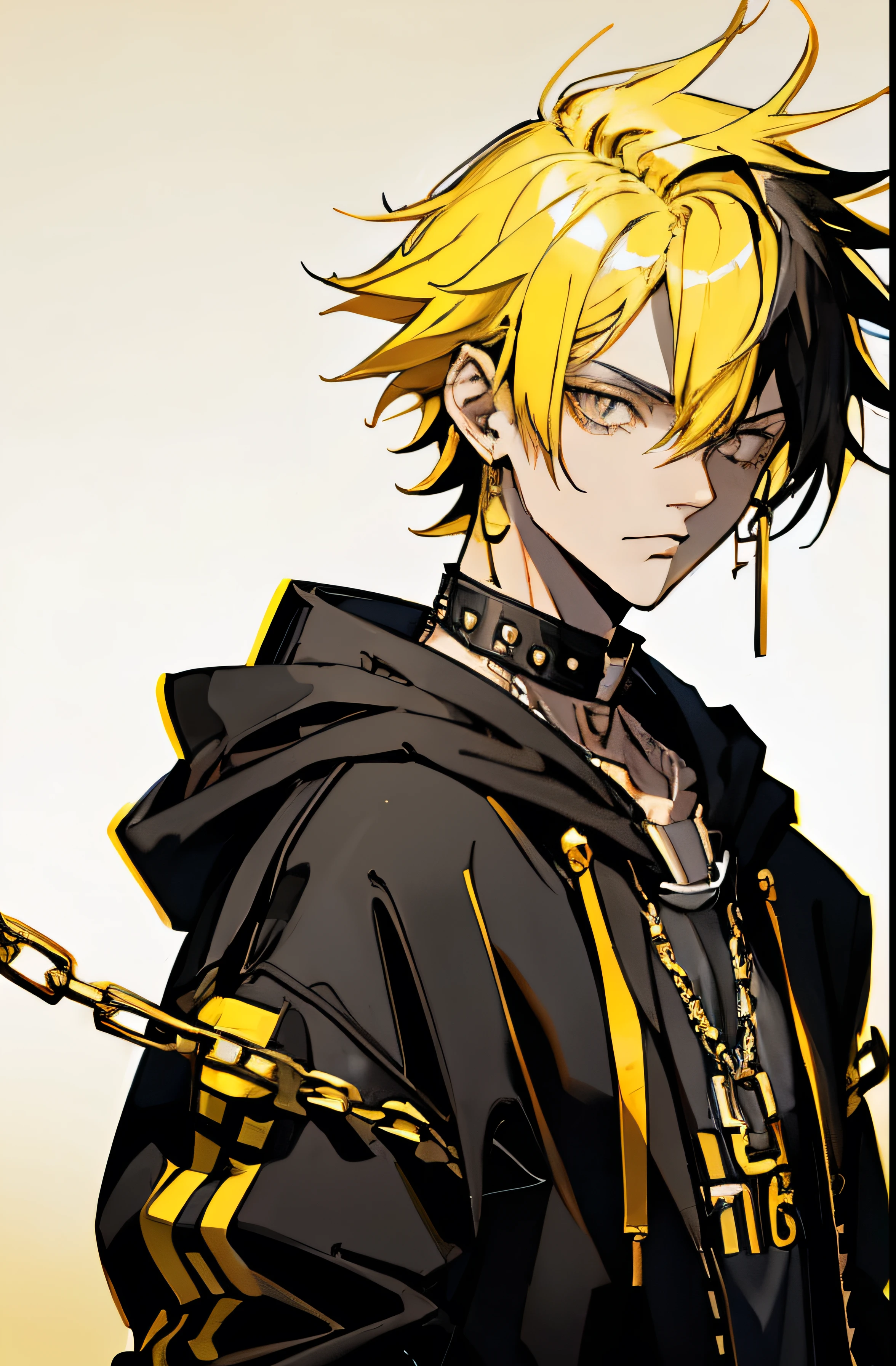 dead inside, split hair yellow black ager 16, gangsta golden chain, vomitboy haircut, hair on both sides black and yellow, split black / yellow hair, messy spiked yellow hair, handsome guy, 16 yng hairstyle, gold chain, Slavic appearance, simple style, hoodie