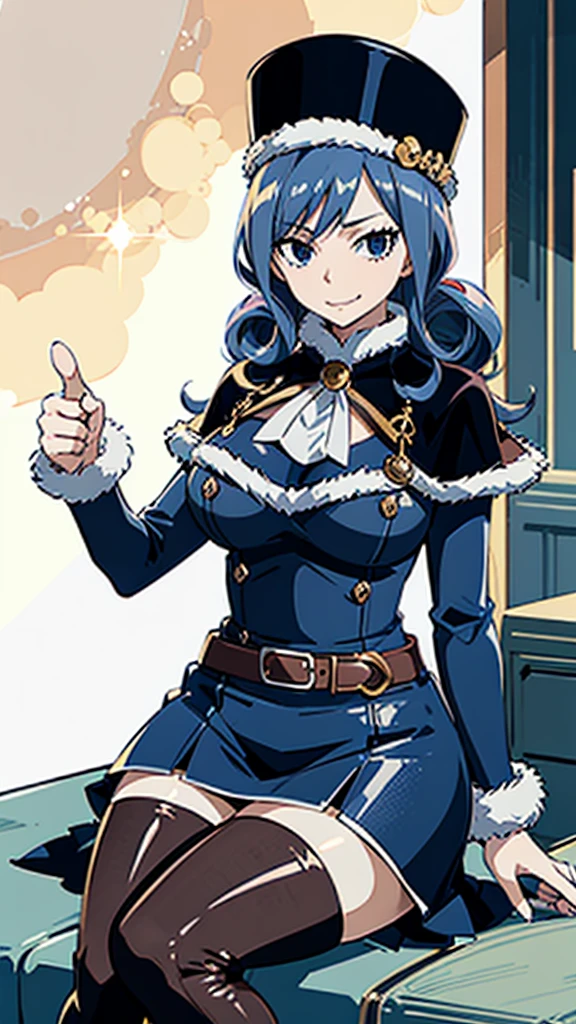 score_9, score_8_up, score_7_up, score_6_up, score_5_up, score_4_up, source_anime
aajuvia, solo, curly hair, hat, capelet, fur trim, blue dress, long sleeves, brown belt, pantyhose, rooms, 
sofa, sit, close eyes, smile, thigh high boots, brown boots, Thumbs up, wardrobe, table, 4K , ultra quality, 