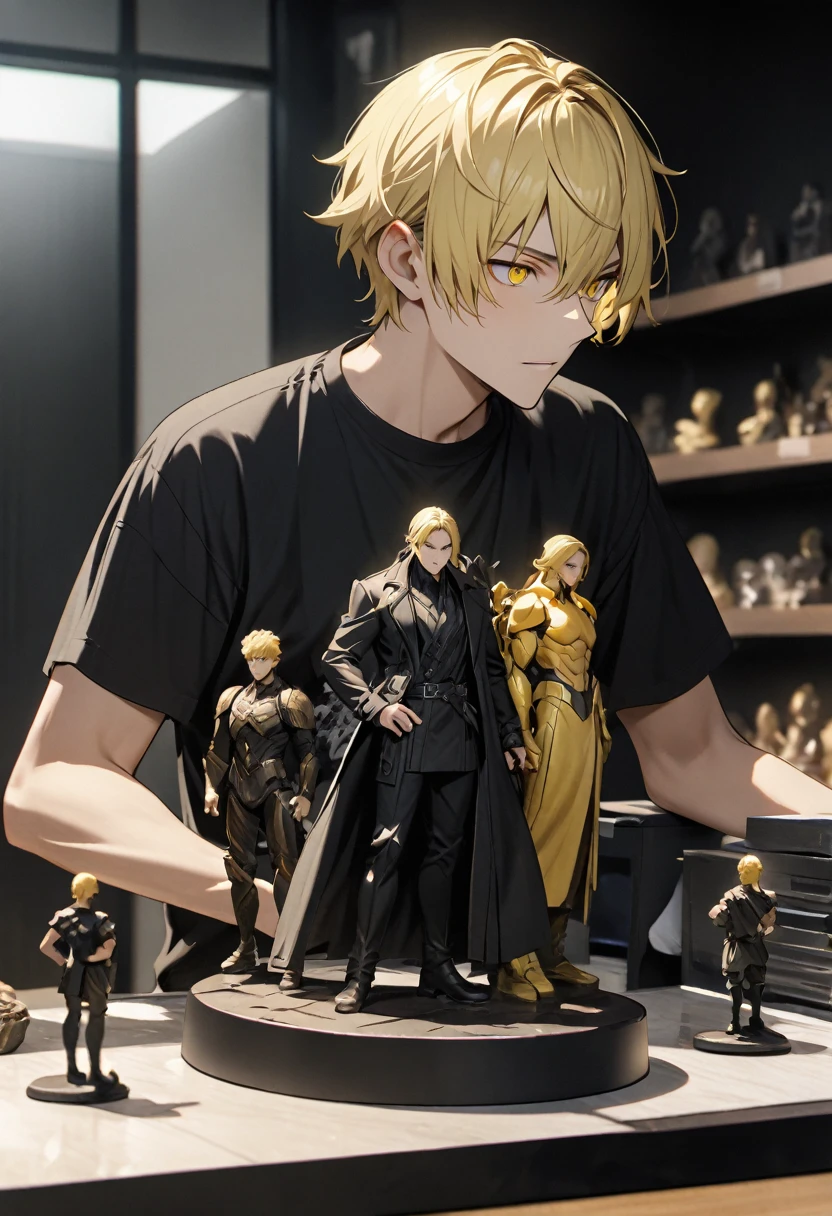 The man had the perfect figure, blonde hair, yellow eyes, and wore a black shirt.