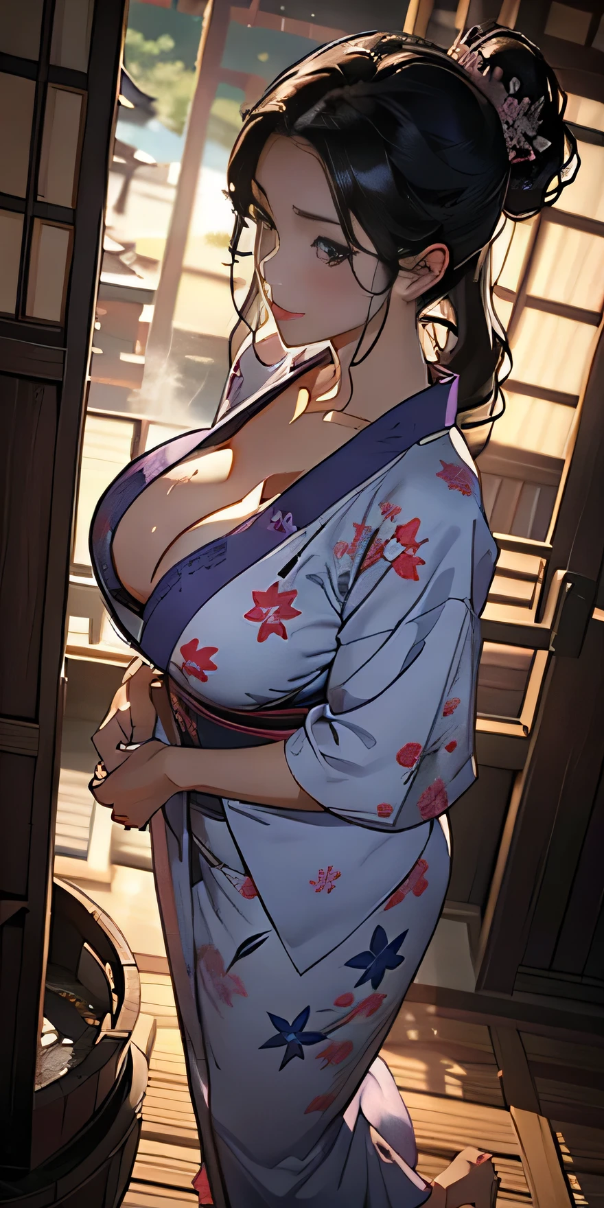 realistically、Full body contact looking up from below the ground、rear view、My thighs are also getting a little thicker、25 year old girl with accentuated thighs、Wearing a purple yukata、Breast augmentation and emphasis on cleavage、Versatile sensual poses、smile face、Japanese hot spring town Inakamachi、Emphasis on shading the chest contour