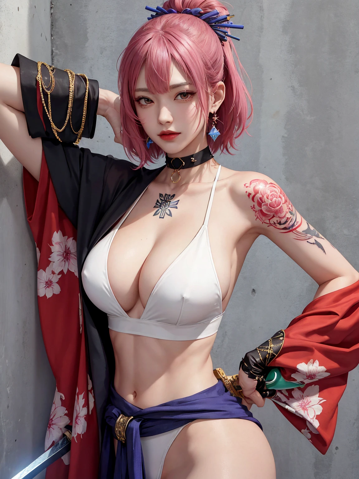 (Masterpiece, best quality, 1 girl, alone, complicated details, Chromatic aberration), realistic, ((Moderate breath)),long hair, pink hair, Red headpiece, Pink Highlights, hair on one eye,purple eyes, earring, sharp eyes, choker, Neon coat, She wears a collar, bangle, and kimono style garters., crop top, (symmetrical eyes),(Perfect symmetrical body),against the wall, Brick wall, (colorful graffiti words on the wall:1.2), The light is dim., alley ,Look at the viewer.、Dig the chest、smile、(sleeveless、Navel touch、Fitted turtleneck.)、street string hot pants、Thin bottom、Please build above the eaves..、Thin shoulders、Beautiful Thai-Melanesian woman, (), pretty face, red lips,
BREAK,
Athletic feminine body, Female fitness model body, Hard toned feminine body, (muscles: 1.2), (beautiful navel),
BREAK,
Mixed martial arts, Kung fu fighter, Japanese idol,
BREAK,
(wearing cute kimono: 1.3), Red high heels, necklace, earrings, short length,
BREAK,
Short hair, (Bob hair), (Bangs: 1.2), (Rainbow hair), (Wavy hair),
BREAK,
(Holding a very large sword in hand, Holding a sword handle in hand, Standing with a very large sword, Raising a very large sword: 1.4), (Samurai in a fighting stance),
BREAK,
(Large tattoos all over body, Japanese tattoos on 80% of the body: 1.4),
BREAK,
Masterpiece, Perfect lighting, Ultra high resolution, 8K, (Highly detailed: 1.4), From the front, looking at the camera, melancholy expression,
BREAK,
(Tokyo city, many people in the background), Tokyo city background,