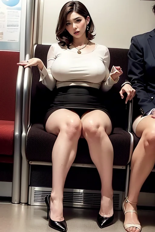 (sit in a train seat:1.5), (Shooting from the sky:1.5), (Photo taken from the opposite chair:1.5), (Sit with your knees facing forward:1.5), (Surprised expression:1.6), (Beautiful woman:1.5), (Sit with your knees together:1.5), (Wavy brown hair:1.3), (green seat), (Voluptuous body:1.5), (one big woman), (White blouse:1.4), (Black pencil skirt:1.4), (High heels:1.7), (Panties that are only slightly visible:1.7), (View Photographer), ((Perfect hands and fingers)), (Looking into the camera:1.6), (A seductive gaze:1.5), Big eyes, elegant temperament, Highest quality, Down to the last detail, Perfect Face, 赤いlipstick, Perfect body, Large Model, Mature Woman, expensive, Leg length, Long eyelashes, 深色eye shadow, Her face is heavily made up, cosmetics, (lipstick: 1.1), (eyeliner: 1.2), mascara, eye shadow, necklace,
