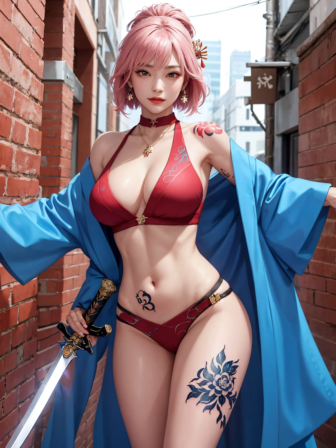 (Masterpiece, best quality, 1 girl, alone, complicated details, Chromatic aberration), realistic, ((Moderate breath)),long hair, pink hair, Red headpiece, Pink Highlights, hair on one eye,purple eyes, earring, sharp eyes, choker, Neon coat, She wears a collar, bangle, and kimono style garters., crop top, (symmetrical eyes),(Perfect symmetrical body),against the wall, Brick wall, (colorful graffiti words on the wall:1.2), The light is dim., alley ,Look at the viewer.、Dig the chest、smile、(sleeveless、Navel touch、Fitted turtleneck.)、street string hot pants、Thin bottom、Please build above the eaves..、Thin shoulders、Beautiful Thai-Melanesian woman, (), pretty face, red lips,
BREAK,
Athletic feminine body, Female fitness model body, Hard toned feminine body, (muscles: 1.2), (beautiful navel),
BREAK,
Mixed martial arts, Kung fu fighter, Japanese idol,
BREAK,
(wearing cute kimono: 1.3), Red high heels, necklace, earrings, short length,
BREAK,
Short hair, (Bob hair), (Bangs: 1.2), (Rainbow hair), (Wavy hair),
BREAK,
(Holding a very large sword in hand, Holding a sword handle in hand, Standing with a very large sword, Raising a very large sword: 1.4), (Samurai in a fighting stance),
BREAK,
(Large tattoos all over body, Japanese tattoos on 80% of the body: 1.4),
BREAK,
Masterpiece, Perfect lighting, Ultra high resolution, 8K, (Highly detailed: 1.4), From the front, looking at the camera, melancholy expression,
BREAK,
(Tokyo city, many people in the background), Tokyo city background,
