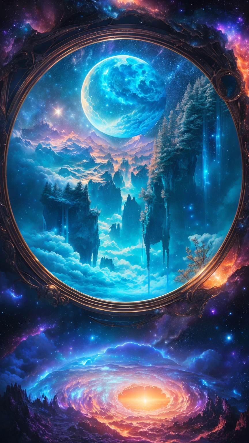 Realistic live-action、8k、photograph、Starry landscape of man and woman standing in front of a mirror, Detailed dreamscape, Magic portal in the sky, A world only visible through a portal, Portal to space, Surreal dreamscape, Entrance to another world, Dreamy digital painting, Epic dreamy fantasy landscape, Highly detailed digital art in 4K, Dream Portal, A portal to another dimension