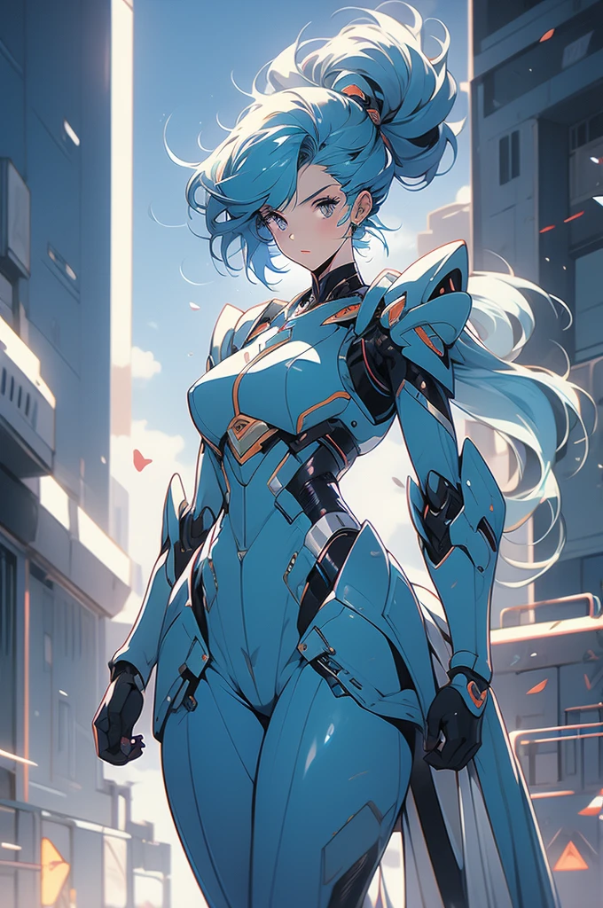 hoshi, gundam girl, jumpsuit, futuristic armor, sinuous, blue hair, glowing eyes, wide hips